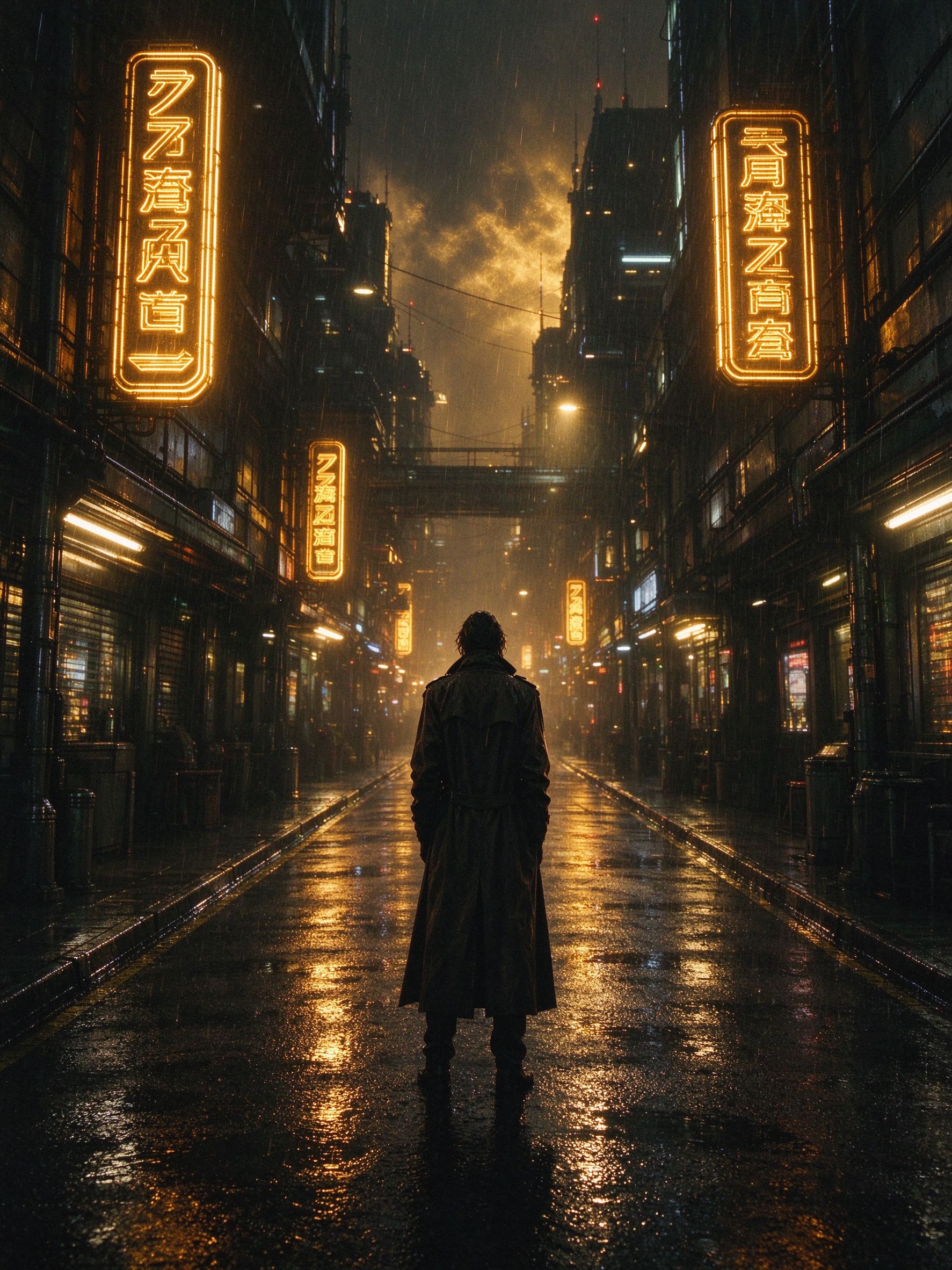《雨夜行》剧照：雨夜街巷中身穿风衣的旅人背影，霓虹光晕